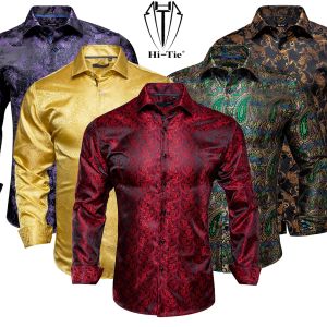 Shirts hitie lange mouw zijden shirts voor mannen pak jurk uitkrui male mannelijke slanke jacquard bruiloft bloemen paisley goud blauw rode hoge kwaliteit