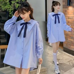 Shirts Koreaanse stijl 2024 Spring zwangerschapskleding Turndown kraag preppy stijl zwangerschapsoverhemden lange mouw zwangere vrouw blouse blauw