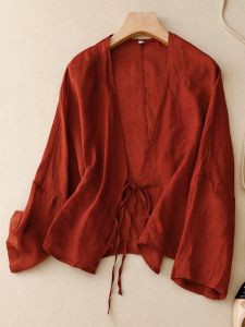 Shirts Koreaanse stijl vintage vneck katoenen linnen shirts voor zwangerschap cape vaste kleur zonnebrandhirt riem riem veter zwangere vrouw blouse