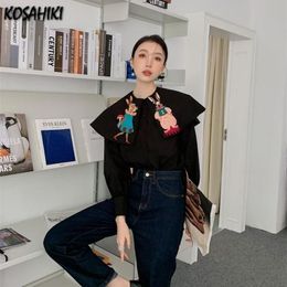 Chemises KOSAHIKI Vintage dessin animé lapin broderie Style japonais Blouse femmes décontracté ample chemises noires 2023 printemps nouveau mignon Blusas
