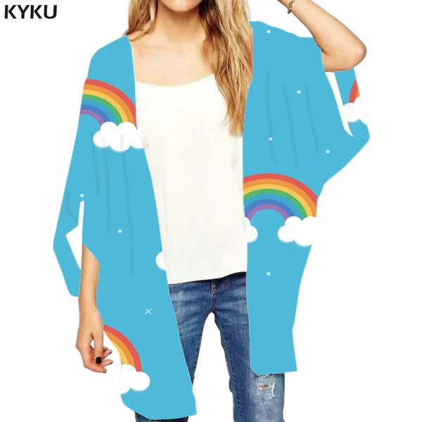 Camisas KYKU, Kimono suelto de arcoíris para mujer, blusa 3d de dibujos animados, camisas espaciales, ropa holgada colorida, cárdigan tipo Kimono Harajuku, ropa para mujer