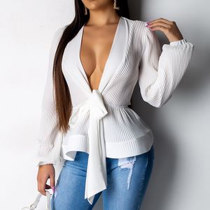 Shirts Lantaarn Mouw Blouse Shirt Dames 2019 Mode Zomer Sjerpen Wrap V-hals Kantoor Shirt Elegante Dames Tops Vrouwelijke Kleding V191028