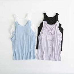 Chemises en vrac ajustement intégrée dans Bra Gym Tops Tops Femmes Active Wear Open Back Strappy Yoga Top 2 en 1 High Impact Running Fiess Shirts
