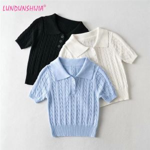 Chemises LUNDUNSHIJIA col Polo blanc tricot à manches courtes hauts femmes été t-shirt basique Sexy Streetwear t-shirt hauts