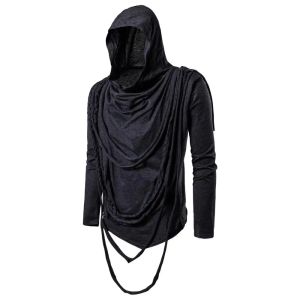 Chemises Men Automne Punk Rock Hip Hop à manches longues T-shirt Ripped Tassel tas à capuche Tops Man Gothic Style Cloak Noir blanc 6 couleurs