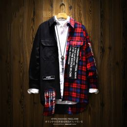 Chemises hommes Ins Hip Hop Patchwork Plaid à manches longues chemise mâle japonais lâche mâle Long manteau Bf livraison directe 2018 Plaid 50cs002