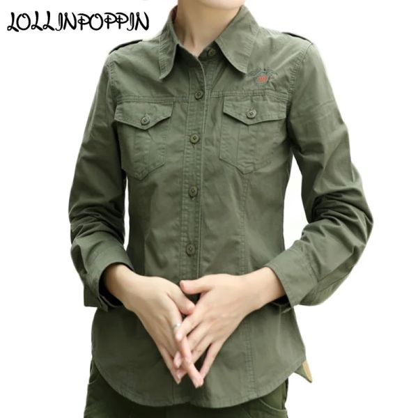 Chemises Style Military Women Army Green Shirt with Epauletts à manches longues Colliers Colons Mesonniers Broideried Casual Shirts Army