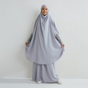 Shirts moslim stelt twee stukken gebedskleding lange hapjes met kap sleeve shirts hijab losse maxi rokken elastische taille vrouwen abaya sets