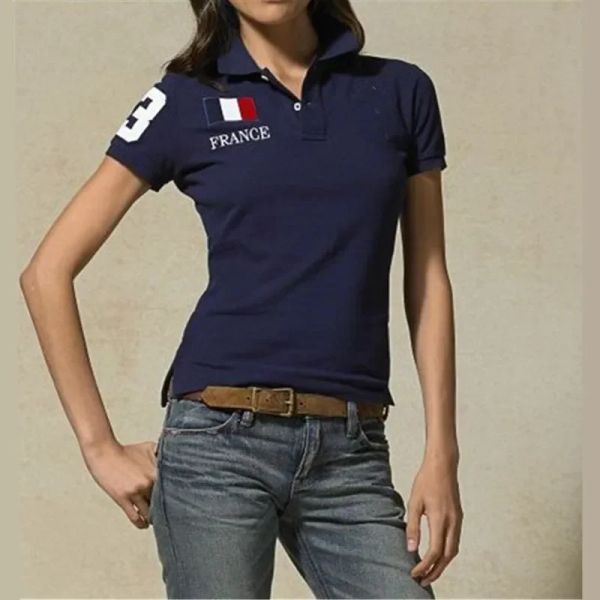 Chemises Livraison gratuite Nouveau Big Pony Classic National Flag Solid Solid Short Sleeve 100% Cotton Summer Femmes Slim Polo