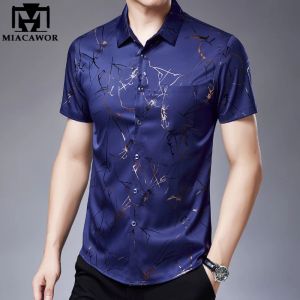 Shirts nieuwe zomer korte mouw shirts heren mannen zijden katoen mode print casual shirts slank fit chemise homme mannen kleding c779