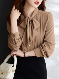 Chemises Chemise plissée pour femmes, manches longues, nœud papillon, boutons en perles, Anti-rides, bureau, chemisiers élégants, vêtements de mode féminine, 2022