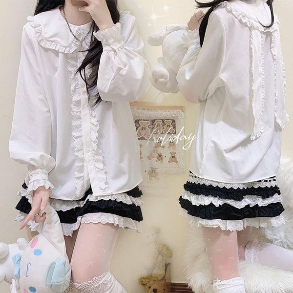 Camisas qweek kawaii camisas harajuku blusas para mujeres japonesa estilo lolita orejas de conejito encaje dulce chica suave blanca topa de manga larga suelta