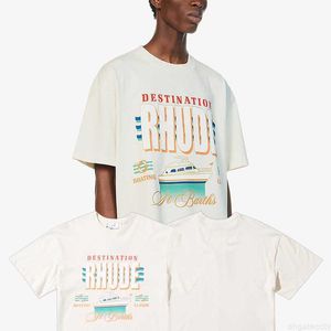 Chemises Rhude Destination T-shirt Nautique Bateau De Croisière Imprimer High Street 100% Coton Nouveaux Hommes Femmes Lâche Top À Manches Courtes