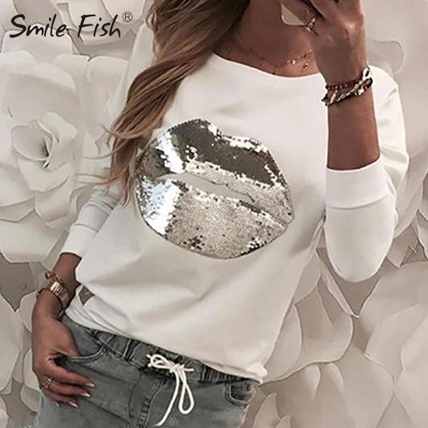 Camisas de primavera para mujer, camisetas con labios de lentejuelas, camiseta informal blanca y negra, camisetas de manga larga con cuello redondo para mujer G1113