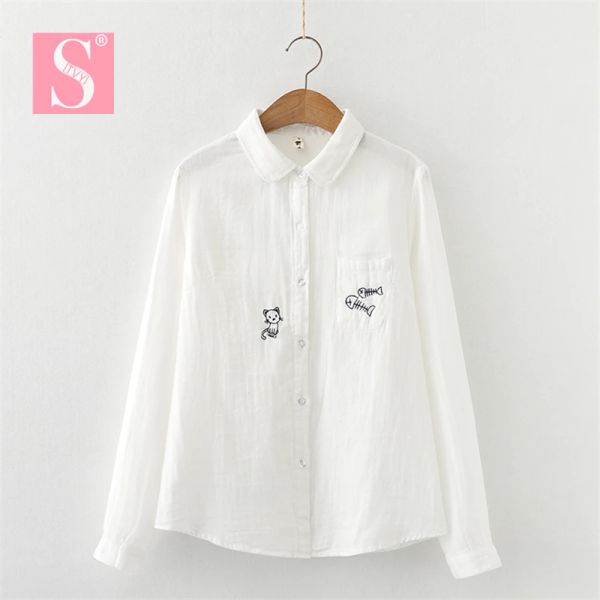 Chemises STVY os de poisson chat broderie femmes chemises printemps chemisiers blancs dames hauts femme Blusas Camisa Double coton fils vêtements