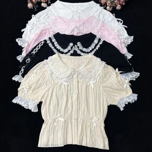 Shirts zoete lolita blouse girly Japan kawaii boog kant peter pan kraag shirts vrouwen witte hoge taille slanke blouses