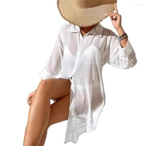 Chemises Swimwear Holiday Long Mancheve Mariffon Non Stretch Utra-Thin White Beach Robe Shirt Bikini Cover-Up Fashion