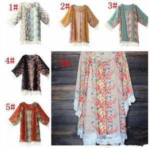 Camisas de mujer con estampado de flores y borlas de encaje tipo kimono tipo cárdigan abrigo informal de gasa con encaje blusa KKA3435