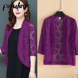 Chemises femmes grande taille Cardigan été mince manteau demi manches élégant dentelle maille haussement d'épaules Crochet Blusas haut vêtements d'extérieur livraison directe en gros