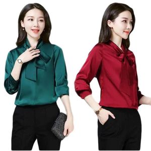 Shirts Damesblouses Shirts Elegante dames vlinderdasoverhemd Dames Vintage Groen Roze Zwart Wit Blouse Herfst Satijn Zijde Lange mouw E4