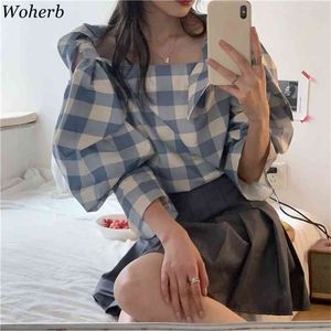 Chemises Vêtements pour femmes Chic Casual Summer Plaid Blouse Lace Up O Cou Puff Sleeve Blusas Coréen Femmes Loose Tops 210519