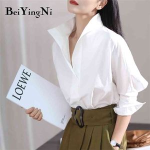 Chemises Femmes Solid Casual Lâche Coréen Trois Quarts Collier Blouses Bureau Dames Top Blanc Blusa Mujer Vêtements 210506