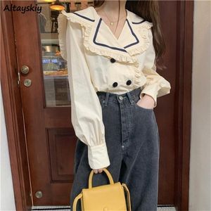 Shirts dames lente herfst elegante ruches zeiler kraag casual blouses dames kawaii Koreaanse stijl harajuku vrouwelijke tops trendy 220812