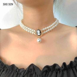 Shixin Layered Short for Women White Beads Ketting Bruiloft Sieraden op Hals Lady Pearl Choker Collar Cadeaus