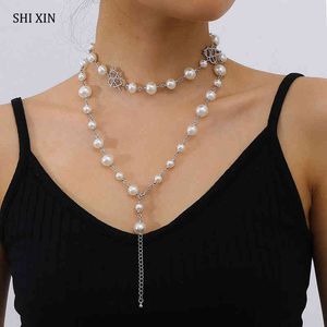Shixin Gesimuleerde Pearl Choker Hollow Crystal Heart Ketting voor Vrouwen Lange Kwastje Kettingen op Neck 2020 Bruiloft Sieraden Mode