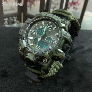 Shiyunme Men Military Watch 50 meter waterdicht kompas LED Digitale kwarts Dual Display Sports Watch Male relogio masculino G1022