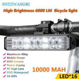 Shiziwangri-MTB lampe avant lumineuse, 6000lm, 16 phares à LED pour vélo, 10000mAh, chargement de type C, feux de vélo de route
