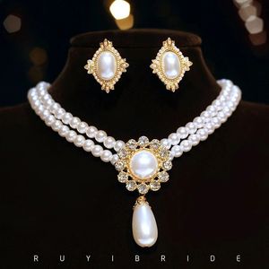 Shmik Elegant Vintage Full Perle Pendant Collier Pertes Boucles d'oreilles pour femmes Lady Classic Exquise Chorker chaînes bijoux 240518