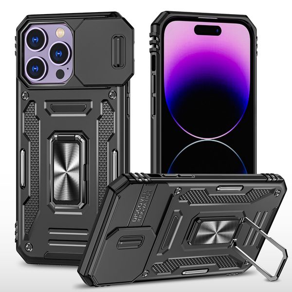 Antichoc Armor Cases Kickstand Slide Camera Cover Pare-chocs résistants aux chocs pour iPhone 14 Pro MAX 6.7 14 Plus 13 6.1 12 11 XS Max XR SE 7/8 Plus