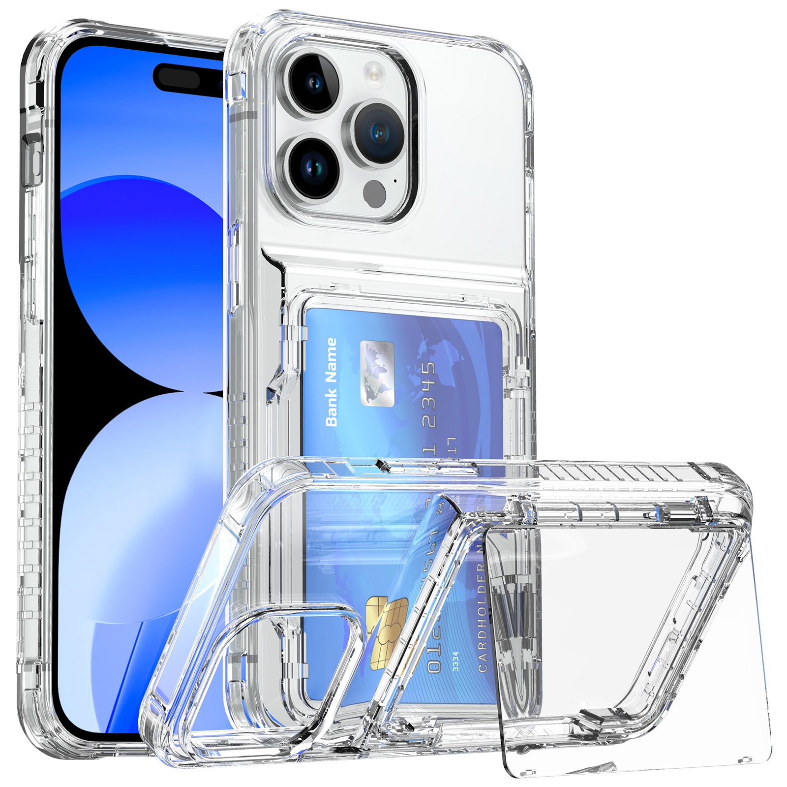 Étui portefeuille transparent résistant aux chocs avec porte-cartes caché pour iPhone 15 Pro Max 14 13 12 11 hybride robuste avec béquille Funda