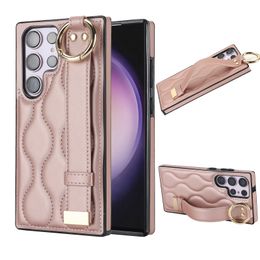 Stoßfeste geometrische Leder-Armband-Kickstand-Hülle für Samsung Galaxy S23 Ultra S22 Note 20 A54 A53 5G Handschlaufe-Ständer-Abdeckung