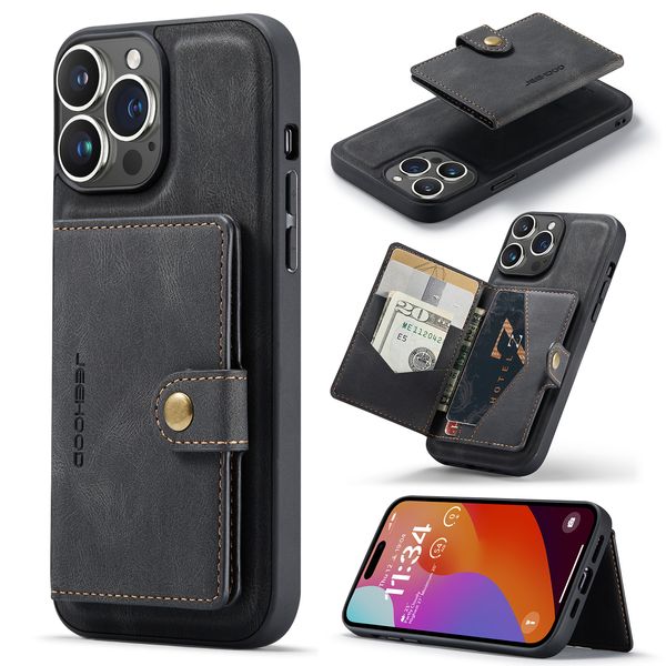 Étui portefeuille en cuir antichoc 2 en 1 avec porte-cartes détachable pour iPhone 15 Pro Max 14 13 12 11 XR XS X 8 7 Flip Kickstand Housses de téléphone amovibles Conque