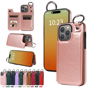 Schokbestendig Lederen Kaarthouder Portemonnee Case Voor iPhone 15 Pro Max 14 13 12 11 XS XR X 7 8 plus Ring Gesp Flip Stand Cover