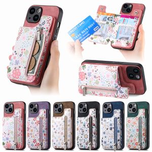 Schokbestendig Leer Cartoon Bloemen Rits Kaarthouder Portemonnee Case Voor iPhone 15 Pro Max 14 13 12 11 XR XS X Standaard Telefoon Covers Conque