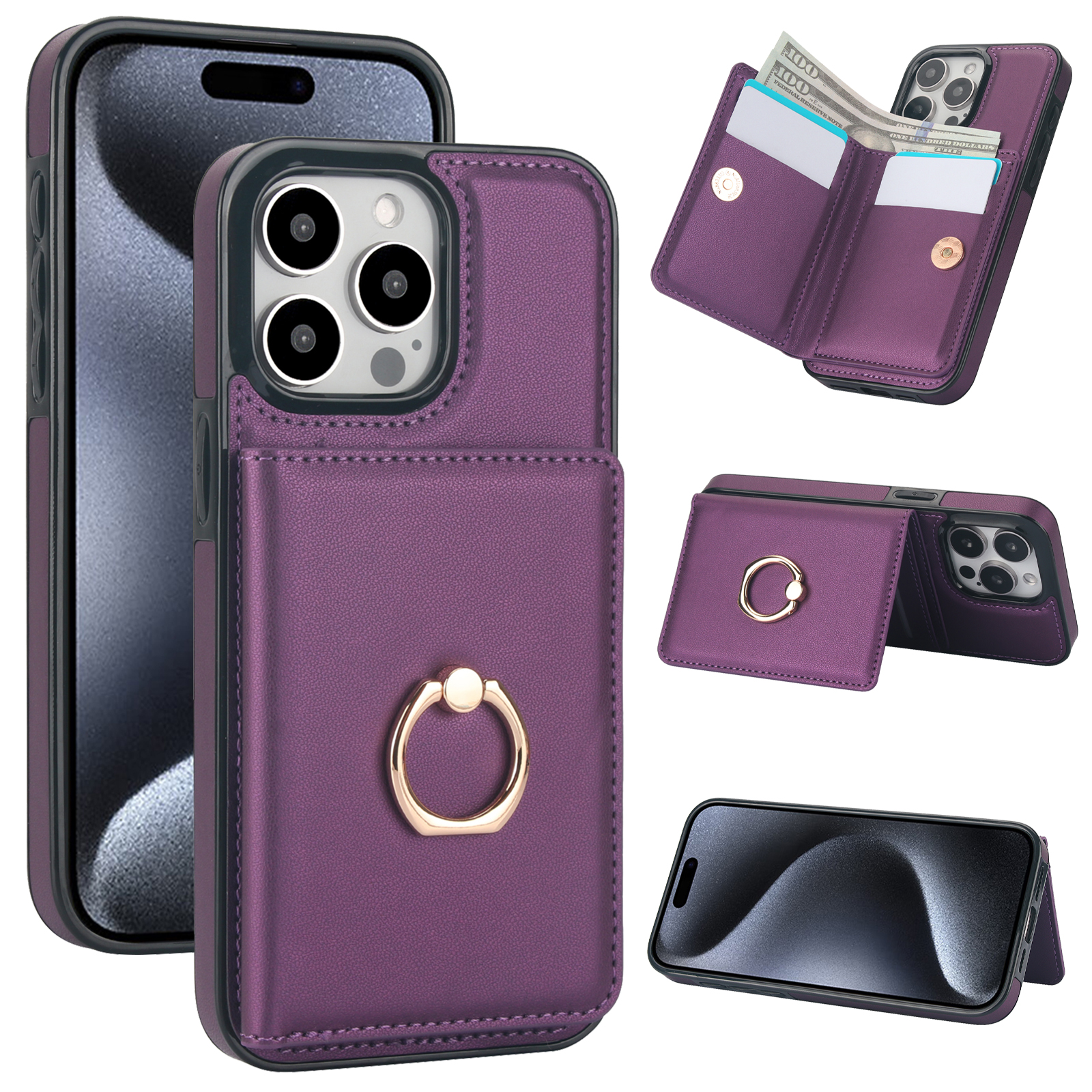Caixa de carteira de cartão de crédito à prova de choque para iPhone 15 Pro Max 14 13 12 11 XR XS, Flip Kickstand Ponser