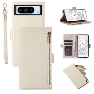 Étui portefeuille antichoc en cuir Litchi avec porte-carte à fermeture éclair, pour Google Pixel 8 Pro 7A 6A 6 7, support à rabat, housse de téléphone Funda avec lanière