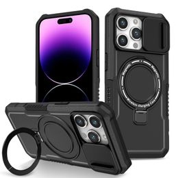 Schokbestendig Magnetische Ring Kickstand Case Voor iPhone 15 Pro Max 14 13 12 11 Magsafe Matte Slide Lens Camera Bescherming telefoon Cover