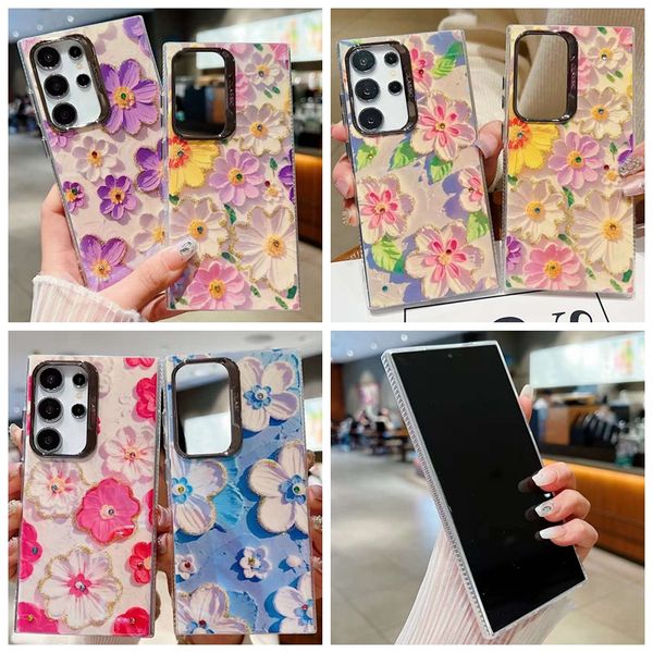 2024 Étuis à fleurs de peinture à l'huile pour iPhone 15 Pro Max 14 Plus 13 12 11 Samsung S24 Ultra Fashion Hard PC IMD TPU Chromé Placage Printemps Floral Jolies Filles Couverture de téléphone