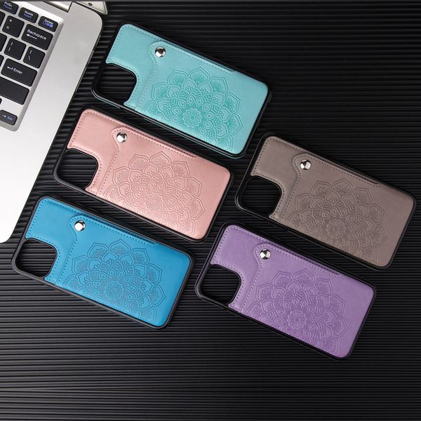 Cajones telefónicos a prueba de choque para iPhone 13 12 11 Pro Max X XS XR 7 8 Plus Mandala En relieve PU Cubierta protectora de cuero con soporte de tarjeta