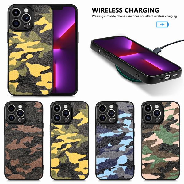 Fundas de teléfono a prueba de golpes para iPhone 15 14 13 12 11 Pro Max XR XS X Plus Funda protectora de cuero PU con patrón de camuflaje