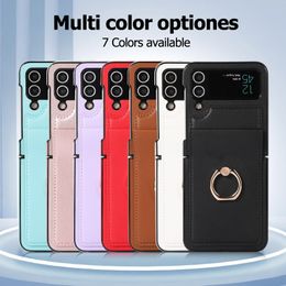 Schokbestendige telefoonhoesjes voor Samsung Galaxy Z Flip 4/3 vaste kleur lamsluidtextuur pu lederen ring standaard beschermkoffer