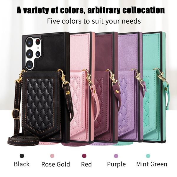 Coques de téléphone antichoc pour Samsung Galaxy S23 S22 S21 S20 Note20 Ultra Plus étui en cuir PU de couleur unie avec miroir et bandoulière