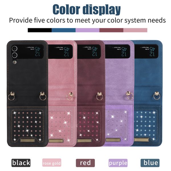 Fundas de teléfono a prueba de golpes para Samsung Galaxy Z Flip 4/3 Funda de cuero PU con purpurina de color sólido con ranuras para tarjetas