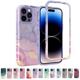 Schokbestendig Triple Layer Bloem Marmer Case Voor iPhone 15 Pro Max 14 13 12 Hybrid Heavy Duty Harde Telefoon cover Funda