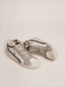 Schoen hoge top vuile schoenen ontwerper luxe Italiaanse vintage handgemaakte sneakers wit en grijs leer bovenste luipaard suède glitter