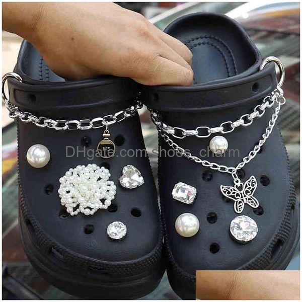 Pièces de chaussures accessoires chaîne en fer classique perle fleur boucle breloques croco tendance décoration en cristal livraison directe chaussures Dhids